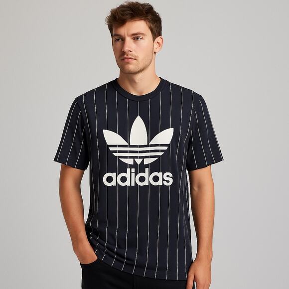 Adidas Logo Stripe Tee Black White Pinstripe Shirt Urban Style Size M - Picture 1 of 8